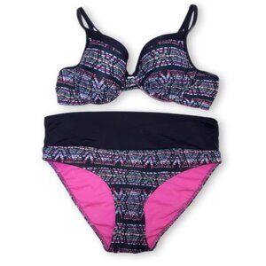 La Vie En Rose Push Up Bikini Swim Suit Embroidery Print 2pc High Waist Bottom